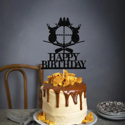 Miniatura 6 de Decoración para tartas de caza de ciervos, cuernos negros, decoración de pastel de feliz cumpleaños, temática de campamento de cazador para niños