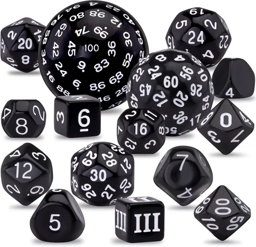AUSTOR juego completo de 15 dados poliédricos D3-D100 con bolsa de cuero de almacenamiento con cordón para juegos de mesa de rol (negro y blanco)