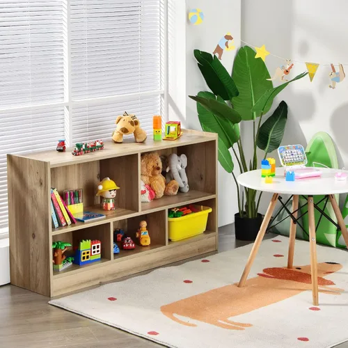 Miniatura 3 de HONEY JOY Organizador de almacenamiento de juguetes para niños, estante de almacenamiento de 5 secciones para preescolar, 2 niveles de madera Natural