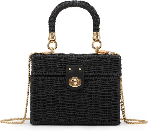 Fecialy Bolso de mano de ratán tejido a mano para mujer, bolso de mano de paja para playa, bolso cruzado cuadrado bohemio