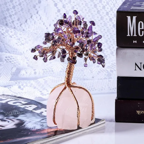 Miniatura 2 de Árbol de cobre de cristal envuelto con base de cuarzo rosa crudo, árbol bonsái para decoración de sala de estar, oficina en casa, amatista