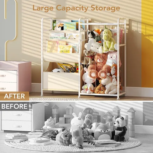 Miniatura 4 de BBLIKE Estantería para niños y almacenamiento de animales de peluche, estantes multifuncionales para libros de guardería con caja de juguetes y Beige
