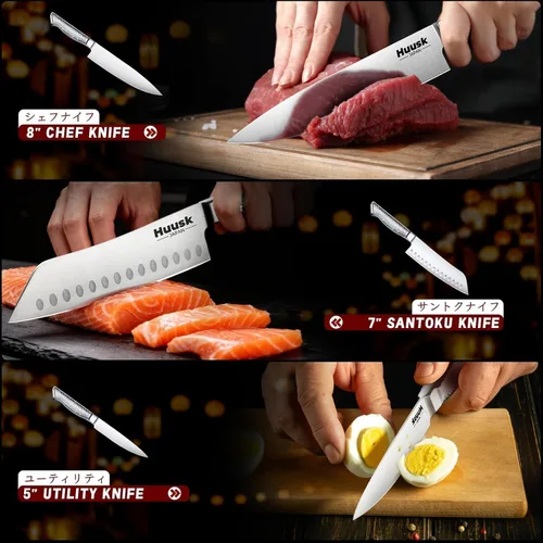 Miniatura 6 de Huusk Juego de 3 cuchillos de chef, juego de cuchillos japoneses de acero inoxidable aptos para lavavajillas, juegos de cuchillos de cocina ultra