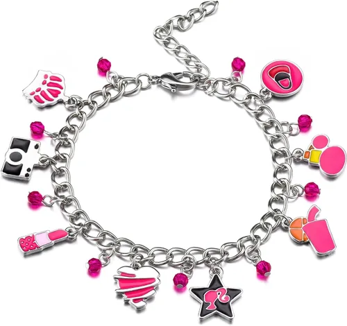 Miniatura 3 de Pulsera de película rosa para niña, accesorios de pulsera con dijes rosados para mujeres y niñas, joyería para regalo de disfraz, Metal, cristal