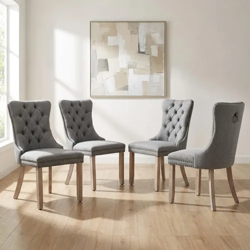 Miniatura 57 de OVENTA Juego de 4 sillas de comedor modernas tapizadas copetudas, terciopelo negro y gris y cuero con patas de madera maciza, sillas de cocina