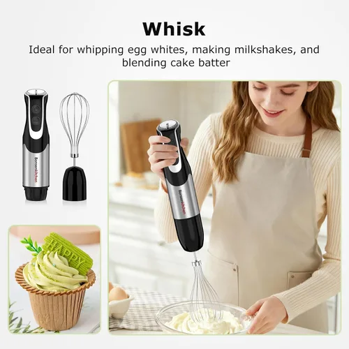 Miniatura 6 de Bonsenkitchen Batidora de inmersión 4 en 1 de mano con procesador de alimentos, batidora de mano de 12 velocidades con modo turbo, hoja de acero