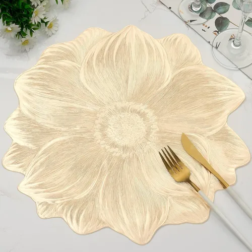 Miniatura 11 de Juego de 6 manteles individuales redondos dorados, manteles individuales de vinilo prensado floral lavable para mesa de comedor, boda, decoración