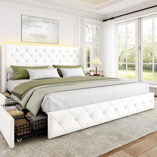 Miniatura 21 de BRELTAM Marco de Cama Tamaño Queen con Cajones de Almacenamiento y Cabecero Wingback Tapizado en Terciopelo Marco de Cama Plataforma Camas Blanco