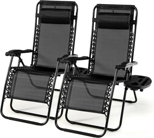 Miniatura 8 de HAPPYGRILL Juego de 2 sillas de gravedad cero para exteriores, relajantes, reclinables, plegables, con portavasos para patio, playa, junto a