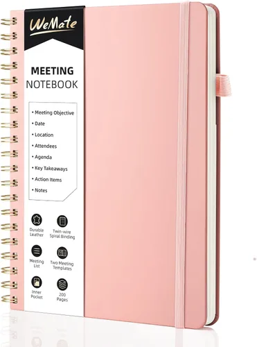 WEMATE Cuaderno de reuniones para el trabajo B5 (7"x10") - Cuaderno de trabajo de cuero PU con agenda, elementos de acción y notas - 200 páginas Oro