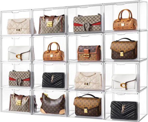 Miniatura 50 de HBlife Paquete de 3 organizadores de almacenamiento de bolsos para armario, caja de exhibición mediana transparente apilable con puerta magnética
