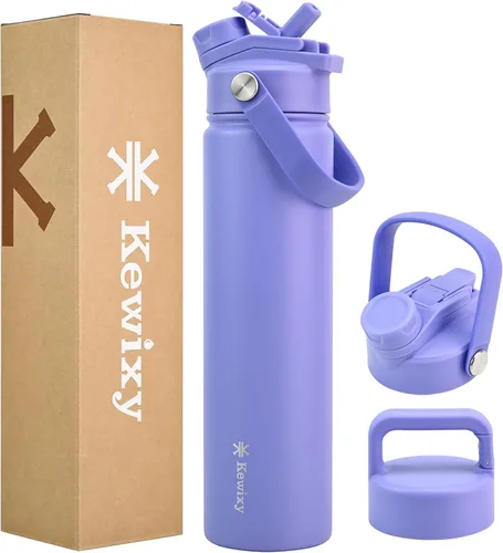 KEWIXY Botella de agua aislada de 24 onzas, tapa 2 en 1, popote y boquilla con protección a prueba de fugas, mantiene el frío, acero inoxidable,