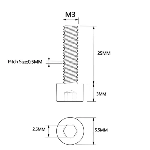 Miniatura 5 de Tornillos de cabeza hexagonal M3 x 0.984 in, rosca completa, superficie brillante, acero inoxidable, tornillos de cabeza hexagonal