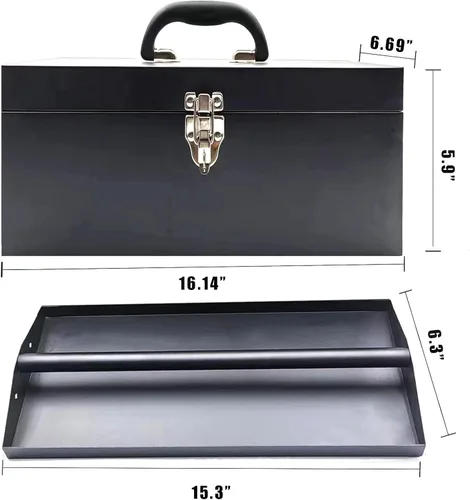 Miniatura 6 de Caja de herramientas metálica portátil de 16" de gran tamaño, caja de herramientas de 18-galga, caja de aparejos de pesca, organizador de cajones