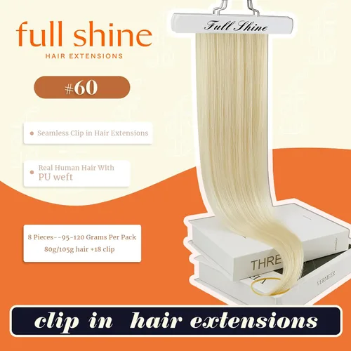 Miniatura 2 de Full Shine Extensiones de cabello humano con pinzas, cabello humano Remy invisible para mujer, color rubio platino, 20 pulgadas, 8 unidades, 4.23 oz