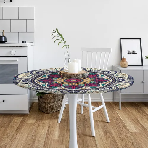 Miniatura 7 de Pardick Mantel Redondo Ajustable de Mandala Bohemia, Cubierta de Tela Redonda, Mantel Impermeable Antiarrugas con Borde Elástico, Decorativo