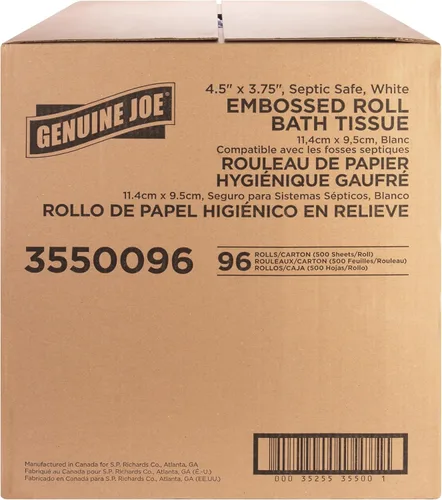 Miniatura 3 de Genuine Joe papel higiénico con relieve, 2 capas, seguro para fosas sépticas, envuelto individualmente, 4.5" x 3.75", 500 hojas/rollo, 96