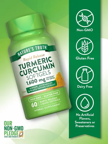 Miniatura 3 de Nature's Truth Complejo de curcumina de cúrcuma 60 cápsulas blandas con jengibre, astrágalo y extracto de pimienta negra Suplemento sin OMG