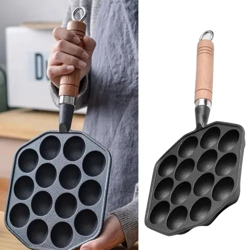 Miniatura 2 de HERCHR Takoyaki - Plato para parrilla, 14 agujeros, sartén Takoyaki, antiadherente, de hierro fundido, para hacer moldes con mango desmontable