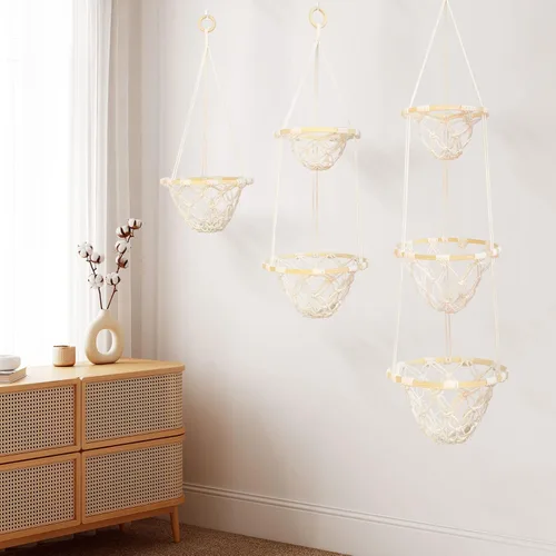 Miniatura 7 de Cesta de frutas colgante de macramé de un solo nivel, soporte bohemio para verduras para cocina, almacenamiento de alimentos con gancho, organizador