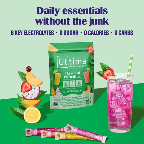 Miniatura 2 de Ultima Replenisher TeaFresher Mezcla de electrolitos diarios en polvo y té instantáneo, sin azúcar, paquete variado, 16 paquetes de barras