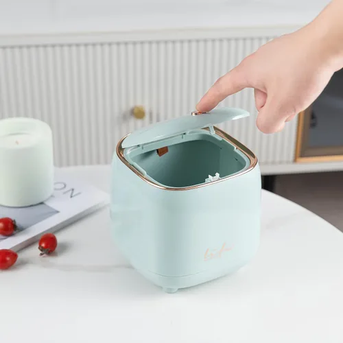 Miniatura 9 de Mini papelera de escritorio con tapa, pequeño cubo de basura de plástico para cocina, baño, oficina, papelera de escritorio con botones, cubo