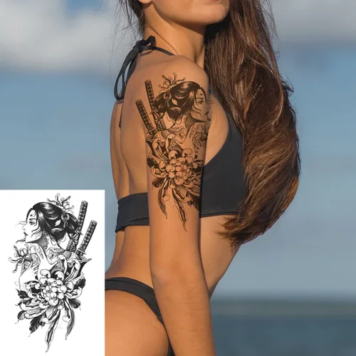 Miniatura 4 de 6 hojas de brazo falso impermeable cuerpo arte temporal tatuajes pegatinas negro japonés geisha samurai mujeres flor loto TBS-04