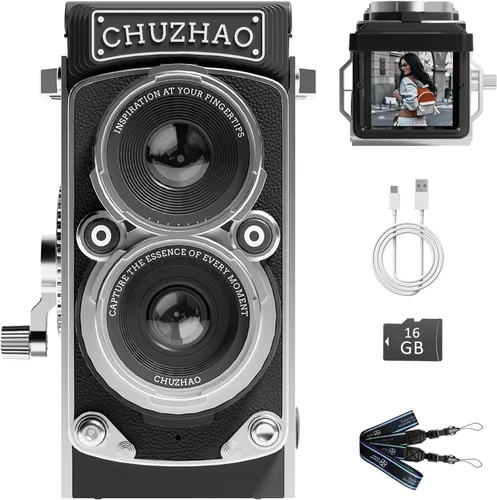 CHUZHAO - Mini cámara digital vintage, estilo retro, punto y disparo, enfoque automático de video y foto de 1080P, cámara de bolsillo compacta