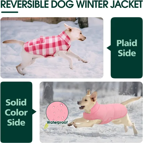 Miniatura 4 de Kuoser - Abrigo de invierno para perros, chaqueta de forro polar resistente al viento, estilo británico a cuadros, chaleco para climas fríos, Rosa