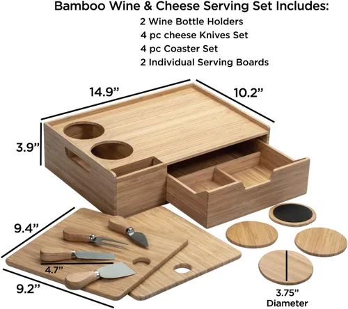 Miniatura 2 de Mobilevision Bandeja de bambú para servir vino y queso con cajón para almacenamiento adicional, incluye posavasos, cuchillos de queso, tablas