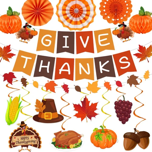24 decoraciones de Acción de Gracias, decoraciones de fiesta de Acción de Gracias, incluye pancarta de dar gracias, guirnalda colgante de otoño para