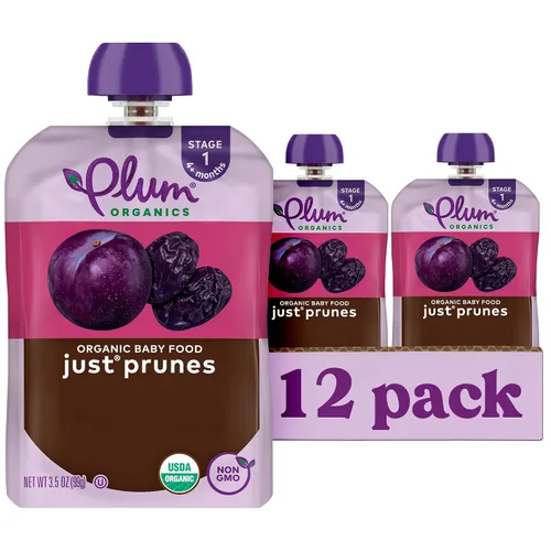 Plum Organics Just Prunes, 4+ Meses - Portabebés de Alimentos Orgánicos, Bolsa de 3.5 oz (Paquete de 12)
