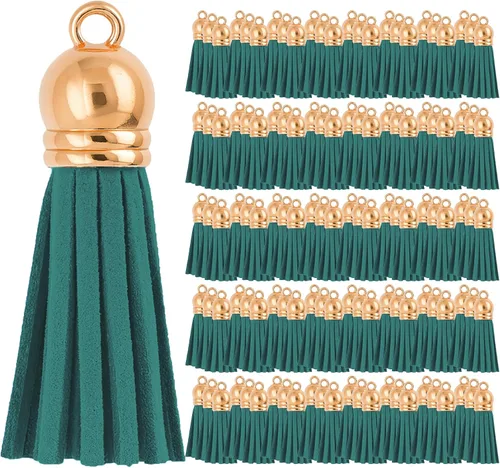 Miniatura 102 de Mandala Crafts 100 borlas de gamuza sintética color aguamarina con tapa dorada, suministros para hacer llaveros a granel, pequeñas borlas de cuero
