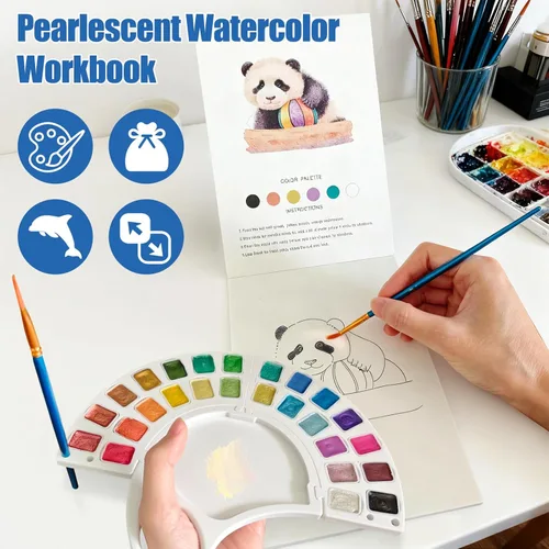 Miniatura 7 de Libro de trabajo de acuarela, libro para colorear al agua con 13 páginas de papel de 300 GSM, juego de pintura de acuarela de 26 colores con pincel