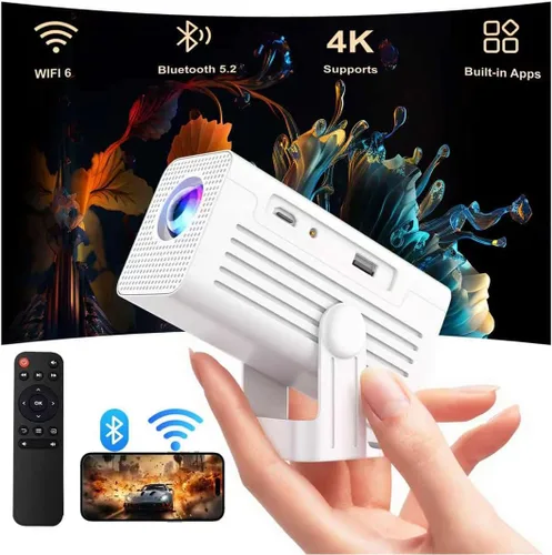 Mini proyector con WiFi y Bluetooth, proyector inteligente compatible con 1080P con aplicaciones integradas, proyector de películas para exteriores