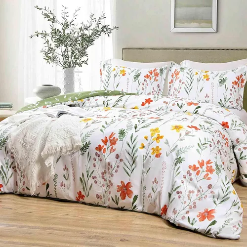 Miniatura 2 de Nanko Funda de Edredón Floral Tamaño Individual, 2 Piezas Hojas Verdes Flores Amarillas Patrón Botánico Juego de Funda de Edredón, Funda de Colcha