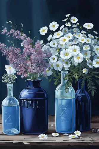 Miniatura 9 de Compr Kit de pintura de diamantes de flores en jarrón con fondo azul, arte de diamantes de flores para adultos, para decoración de pared del hogar
