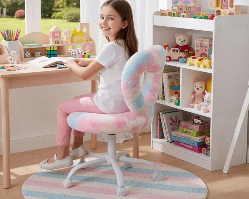 Miniatura 3 de HNY Silla de escritorio para niños con ruedas, bonita silla de tocador peluda con respaldo hueco en forma de corazón ajustable con ruedas