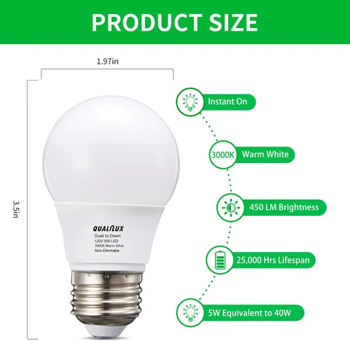 Miniatura 6 de Qualilux Bombillas LED pequeñas A15 de Dusk to Dawn para exteriores, 450 lúmenes, blanco cálido, 5 W = 40 W, encendido y apagado automático