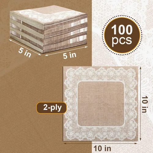 Miniatura 2 de Jinei 100 servilletas de papel de arpillera, toallas de baño para invitados, toallas de mano desechables de encaje para boda, 2 capas, servilletas