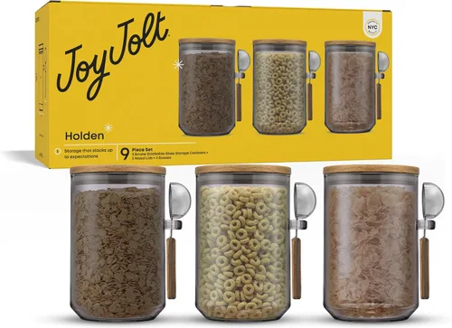 Miniatura 9 de JoyJolt Holden - Recipientes apilables de vidrio de 32 onzas con tapas y cucharones, juego de 3 recipientes herméticos para alimentos con tapas