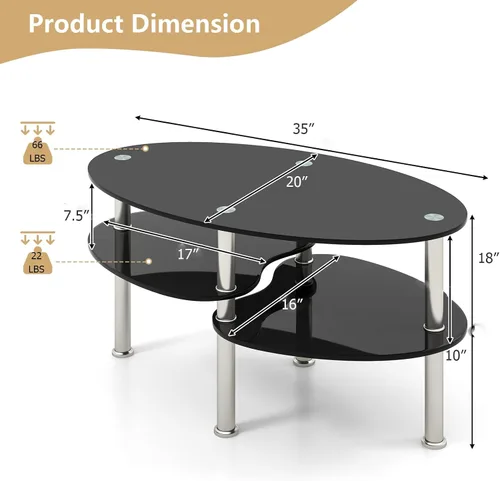Miniatura 3 de Giantex Mesa de centro ovalada de vidrio templado transparente de 3 niveles con patas cromadas resistentes, mesa auxiliar de sofá pequeña, mesa