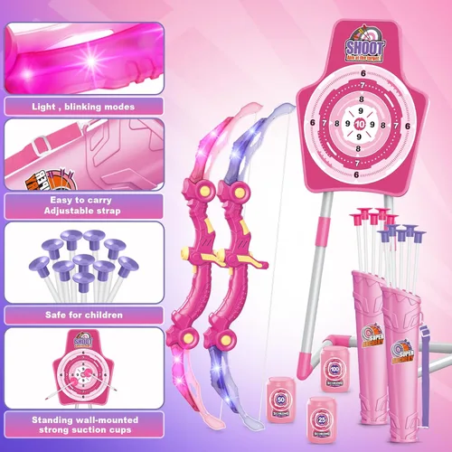 Miniatura 5 de SpringFlower 2 Bow and Arrow Sets with LED Light-up,2 Foam Dart Guns for Kids 5 6 7 8 9 10+ Years Old, Archery Set with Standing Target for Boys &