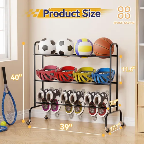 Miniatura 2 de Basketball Rack, Rolling Sport Equipment Holder Ball Storage Cart for Basketball, Football and Soccer, Suitable for Indoor and Outdoor, Black