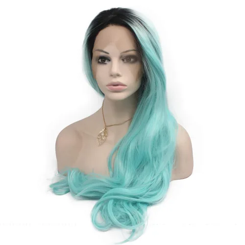 MX angel Peluca sintética larga ondulada azul Ombre peluca de pelo de fibra resistente al calor del frente del cordón Azul Degradado