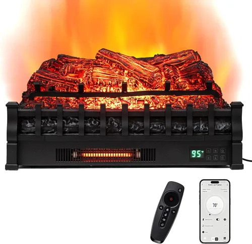 ORALNER - Juego de troncos para chimenea eléctrica WiFi de 26 pulgadas, calentador de cuarzo infrarrojo con sonido crepitante, control remoto,
