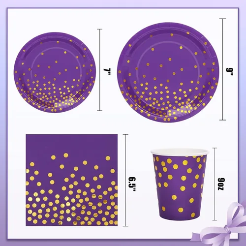 Miniatura 3 de 175 piezas de decoraciones de fiesta moradas y doradas, juegos de platos, tazas y servilletas moradas, platos desechables dorados para suministros