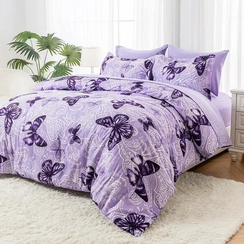 Miniatura 9 de ARTALL Bed in A Bag - Juego de edredón de 5 piezas, tamaño twin, diseño de mariposas grandes, color morado, para todas las estaciones, con edredón