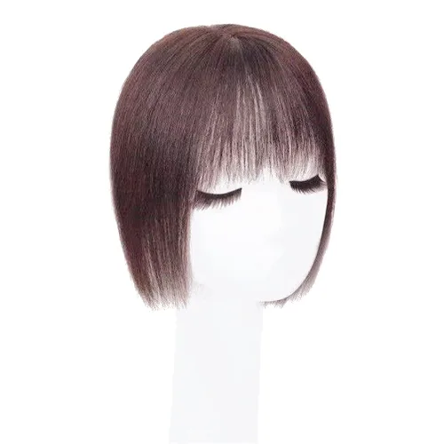 Miniatura 10 de Parte media parte de seda parte base cabello humano Topper 2.8x3.9 in frente recto clip en postizo con flecos Wispy 7.9 in negro apagado
