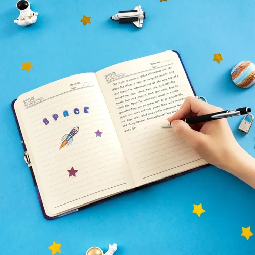 Miniatura 4 de WERNNSAI Diario Luminoso Espacial para Niños, Diario Secreto con Llaves de Cerradura, Cuaderno de Diario con Bolígrafo y Calcomanías, Regalo